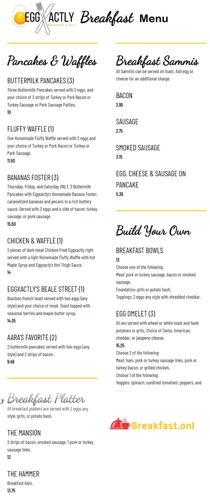 Eggxactly Breakfast & Deli Menu Items with Price