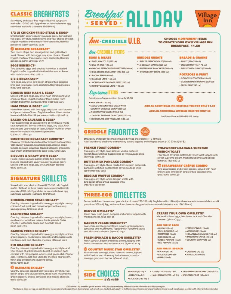 Village Inn Breakfast Menu with Price 2024 - Hours, Specials, Nutrition ...