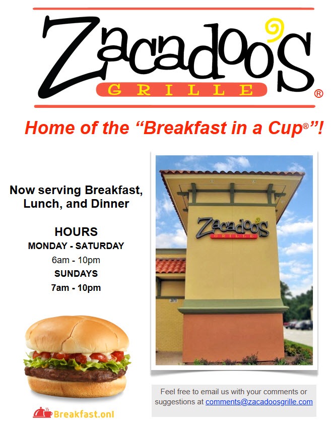 Zacadoo's Breakfast Menu, Hours, Prices, Options, Specials, Nutrition